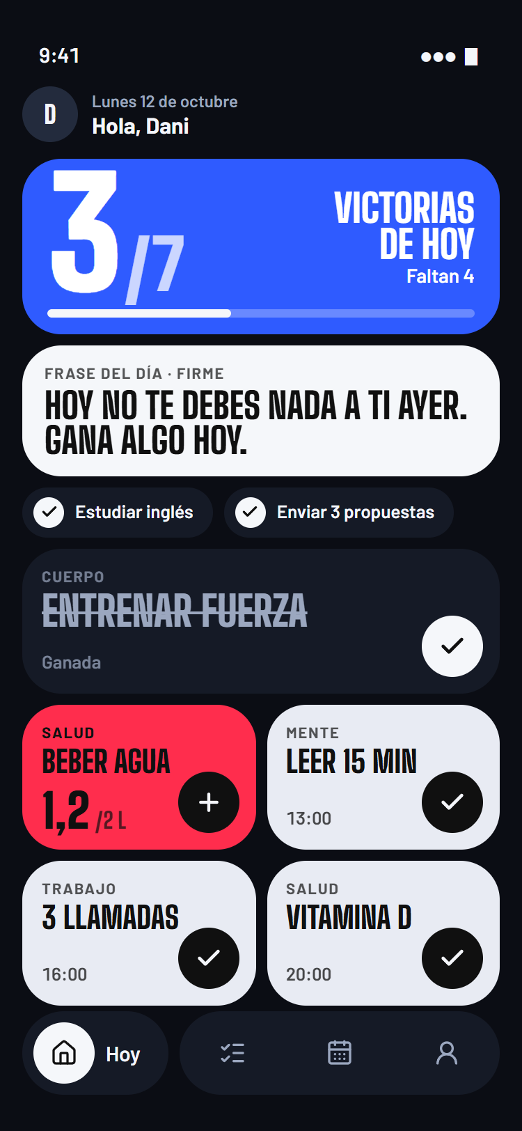 Pantalla de hoy con una victoria ganada y el marcador en 3 de 7