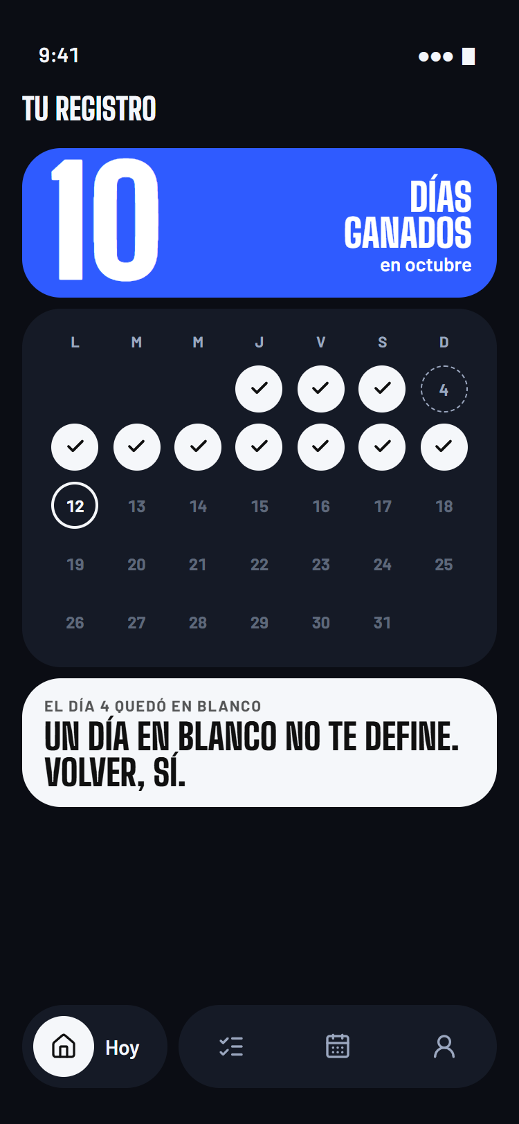 Calendario del registro: 10 días ganados y un día en blanco